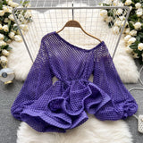 Summer Women Hollow Out Blouse Female Purple/Black/White Puff Long Sleeve Irregular Skew Collar Ruffle Shirts New Fashion