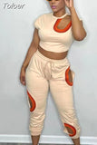 Out Asymmetrical Shape Two Piece Pant Sets Active Women Short Sleeve Bandage Crop Top and Drawstring Waist Workout