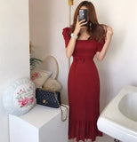 2021 Women Spring Summer Square Collar Dress Cotton Linen Elegant Lace Up
