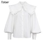 2021 Spring Casual Black Women Blouse Top Lantern Sleeve White Oversize Collar Shirt Office Ladies Ruffles Blouse