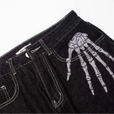 High Street Dark Bone Printed Jeans Men's Tide Brand Loose Minority Design Wide-Legged Straight Trousers-Outfit
