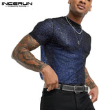 Fashion Men Mesh T Shirt Transparent Short Sleeve Slim Shiny Party Nightclub Sexy Thin T-shirts 2021 Breathable