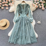 See Through Long Lantern Sleeve Embroideried Dress Women's V-Neck Sequins Flower Embroidery A-Line Princess Dress