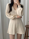 Color Cute V-Neck Cable Knit Long Sleeve Mini