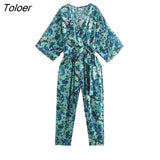 ZBZA Women 2023 Vintage Half Sleeve Green Floral Print Jumpsuits Chic Ladies Zipper Design Casual Sashes Rompers