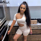 Summer Streetwear Bodycon Rompers One Shoulder Hollow Out Jumpsuit Outfits Women Summer 2021 Casual Pink Rompers
