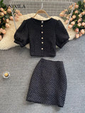 Summer Fashion Elegant Sweet Chic Women Skirt Sets Puff Sleeve Thin Suit with Skirt Short Top High Waist Skirt 2 Piece