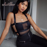 Mesh See-Through Women Sexy Bodysuit Streetwear Patchwork Backless Strap Black Bodycon Female Body Romper New