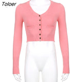 Breasted Pink Cardigan Sweater Women Coquette Aesthetic Knitted Jacket Long Sleeve Simple Casual Coat Cute