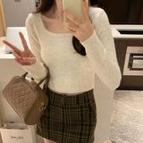 Short Soft Waxy Sweater With Square Collar And A New Short Long-Sleeved Blouse For Women In Autumn And Winter-Outfit