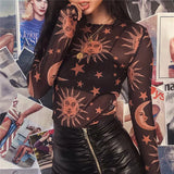 Toloer Spring Long Sleeve Mesh Perspective Round Collar Bottom Shirt T-Shirt