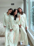 Women's Y2K 2Pcs Heart/Floral Print Pajamas Set Long Sleeve Lapel Button Up Shirt Tops+Sleepwear Pants Pjs Loungewear-Outfit