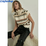 women pullover knitted sweater cropped vest vintage sleeveless reffle trim turtleneck top female chic