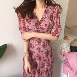 Dresses for Women V-neck Short Sleeve Floral Dress Female Chiffon Long Dress Korea Office Lady Vestidos Summer 2023