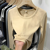 Long-Sleeved T-Shirt Slim And Slim In Autumn And Winter With Threaded Design Feeling Bottomed Blouse Women's Low-Collar Unique Blouse-Outfit