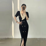 V-Neck Maxi Dresses for Women Short Sleeve Slim Bodycon Business Party Vestidos Femme Fashion Evening Dress Robe