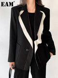 Women Black Contrast Color Burr Blazer New Lapel Long Sleeve Loose Fit Jacket Fashion Tide Spring Autumn 2023