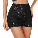 Women Sequins Shorts Summer Clothes Mid Waist Elastic Band Sparkly Glitter Hot Straight Leg Shorts Sexy Club Streetwear-Outfit