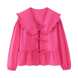 New Spring Doll Tie Casual Loose Solid Color Shirt-Outfit
