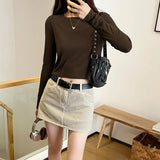 Three-Dimensional Fishbone Round-Necked Blouse Women's Long-Sleeved Autumn And Winter New Minority Short Spicy Girls T-Shirt Ins-Outfit