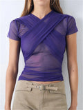 Mesh Sheer See Through Short Sleeve T-shirts Top for Women Summer Y2K O-neck Slim Fit Criss-cross Lace-up Tees Shirts-Outfit