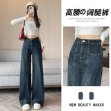 Blue High-Waisted Broad-Legged Jeans Women Spring And Autumn New Loose Meat Masking Display Lean Vertical Tube Drag Long