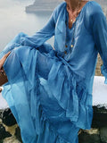 Spring Patchwork Ruffles Women's Dresses V Neck Petal Sleeve Loose Perspective Holiday Dress Fashion Clothes