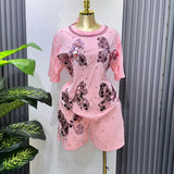 Set European Dress Design Butterfly Set Drill Short Sleeve T-Shirt Blouse Woman + Tight Waist Broad Leg Shorts Two