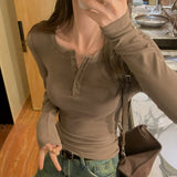U-Collar Half-Breasted Thread Bottomed Shirt Women's Spring And Autumn New Shoulder Long-Sleeved T-Shirt With Solid Color Underwear-Outfit