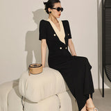 V-Neck Maxi Dresses for Women Short Sleeve Slim Bodycon Business Party Vestidos Femme Fashion Evening Dress Robe