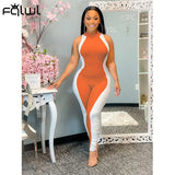 Summer Streetwear Blue Black Patchwork Bodycon Jumpsuit Women Skinny Sleeveless Elastic One Piece Outfit Female