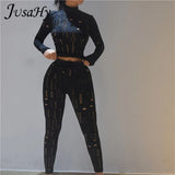 Autumn Solid Hollow Out Women's Two Pieces Sets Turtleneck Long Sleeves Crop Top And Pants Body-Shaping Matching