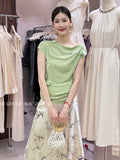 Xixi 13 Lines 2025 Summer New Temperament Ice Silk Bottom Knitted Flower Design Short-Sleeved T-Shirt