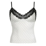 Polka Dot Crop Top Sexy Buttons Contrast Lace Patchwork V-neck Camisole Coquette Casual Basic Tank Tops All-match-Outfit