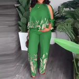 Toloer New Women's Round Neck Nail Bead, Rotator Sleeve T-Shirt And Trousers Positioning Print