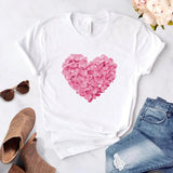 T-shirt 2021 Summer Large Size 3XL Pink Floral Heart Print Female Tshirts Loose Casual Basic Ladies All-match Tee