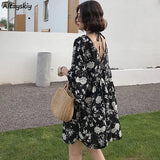 Women Floral Holiday Ins V-Neck Trendy Temperament Casual Vacation Empire Ladies Vestidos Elegant Korean Style