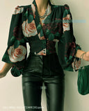 Elegant Leisure Button V-neck Lantern Sleeve Top