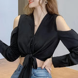 Women Blusas Mujer De Moda 2021 Long Sleeve Sexy Off Shoulder Top V-neck Black Chiffon Blouse Shirt Women Tops Blusa