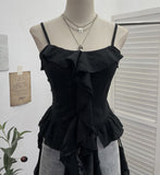 Dark Wasteland To Make Old Hole Slings Vest Irregular Lotus Side Ribbon Short Sleeveless Top