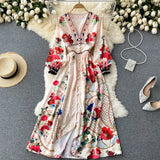 Spring Summer Fashion Runway Elegant Beach Dress Women Deep V Neck Floral Print Boho Holiday Party Long Dress