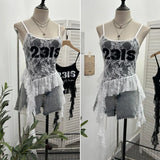 Real Shooting Lace Sling Vest Irregular Ribbon Hot Wear Print Short-Sleeved Top