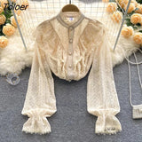 Elegant French Blouse Women Temperament Sweet Ruffles Loose Casual Tops Spring Long Sleeve Streetwear White