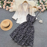 Autumn Vintage Women Two Piece Set Elegant Notched Collar Single Button Coat + Floral Spaghetti Strap Dress Suits 2Pcs