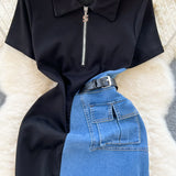 Port Style Retro Denim Dress Girl Design Bump Color Splicing In The Long Short-Sleeved Temperamental
