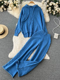 Women Drawstring Hooded Sweater Two Pieces Sets Irregular Loose Tops+Draped Wide Leg Trousers Winter OL Knit