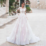 party dress gift 2022 Boho A-line Wedding Dresses Pink Long Sleeves Lace Appliques Tull Bridal Dress Wedding Gown For Women vestido de
