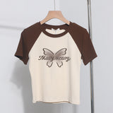 Retro Printed Short-Sleeved T-Shirt Women's Short-Coln High-Waisted Body Shirt