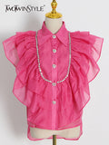 Casual Shirt For Women Lapel Sleeveless Solid Patchwork Ruffle Trim Blouses Female Summer Clothing Style New