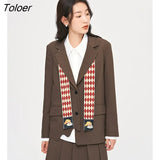 Women Blazer 2022 Autumn Long Sleeves Loose Coats with Vintage Scarf Brown Casual Business Suit